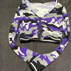 Purple and Gray Camouflage Zip-Up Crop Top
